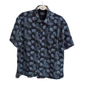 Nat Nast Shirt Large Floral Blue Black Silk Cotton Short Sleeve Button Up Resort